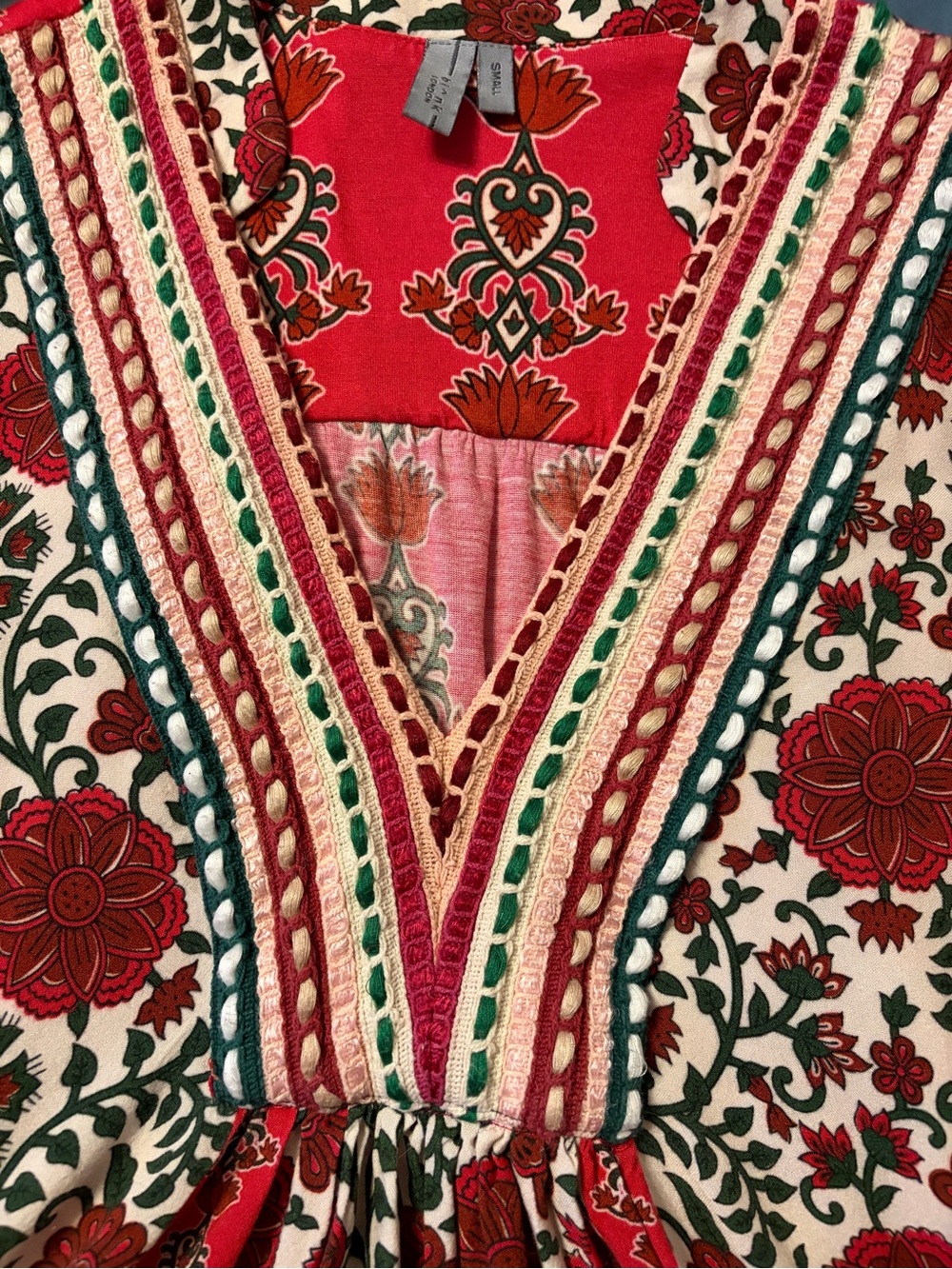 Anthropologie Bl^nk London Stephanie Floral V-Neck Peasant Top Red/Beige Small - Picture 3 of 7